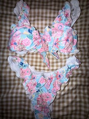 Floral Ruffled Bikini Set — Pink & Light Blue